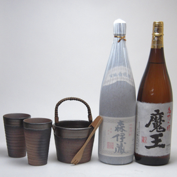豪華酒器セット陶芸作家　安藤嘉規作（本格芋焼酎2本セット　森伊蔵1800ml 魔王1800ml）焼酎ギフト