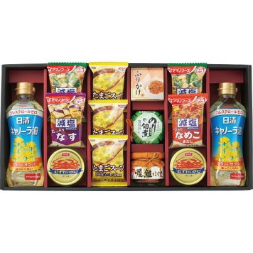 食卓バラエティギフト キャノーラ油 [26-2903-084] 減塩おみそ汁 たまごスープ 鮭ほぐし 蟹缶 のり佃煮 ふりかけ 豪華 詰め合わせ お返し 内祝い お祝い お歳暮 お中元 御礼