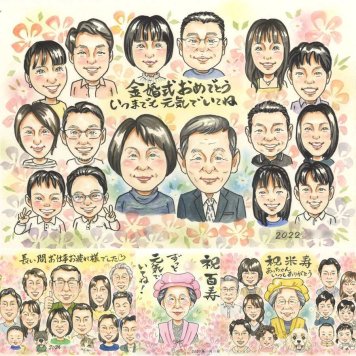 結婚記念日のプレゼントに、プロの職人が描く似顔絵はいかがですか。 ギフト 金婚式 似顔絵 名入れ プレゼント 手描き 贈り物 結婚記念日 長寿 誕生日 お祝い 大人数 祖父 家族 ご夫婦 ご両親 下書き確認 修正無料 名入れ そっくり 宝物 実績多数 似てる 宝物 長寿 結婚50周年 一生もの 感謝 卒寿祝い 還暦祝い 贈答品 傘寿祝い 百寿祝い お祝いの品 喜ばれる 記念日 キレイ 白寿祝い
