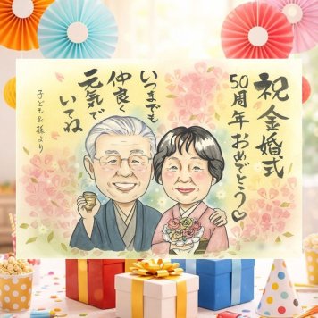 結婚記念日の記念に、喜んでもらえる似顔絵ギフト。 金婚式 プレゼント 似顔絵 ギフト 名入れ 贈り物 手描き 結婚記念日 お祝い 長寿 誕生日 ご夫婦 ご両親 祖父 家族 名入れ 修正無料 下書き確認 サプライズ 一生もの かわいい 宝物 一生もの 長寿 結婚50周年 感謝 宝物 ブライダルギフト オーダーメイド メモリアル クリスマス カラフル おすすめ 大量注文 米寿祝い 喜ばれる 快気祝い