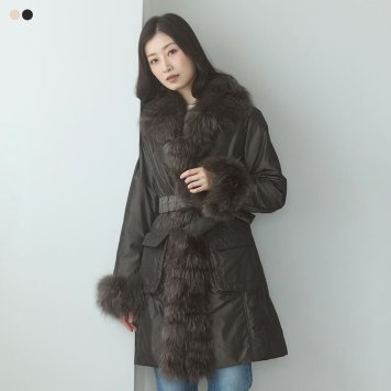 ファー付きコート コート フォックス トリミング ベルト付き レディース 中綿入り シルバーフォックス 冬 アウター レディースコート 中綿コート フォックスファー リアルファー 秋 冬 ギフト プレゼント 6F (02000073r)