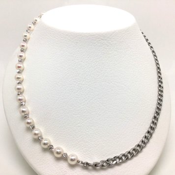 真珠 ネックレス パール アコヤ真珠 7.5-8.0mm ホワイトピンク ステンレス シルバー ミラーボール ハート 70016 イソワパール