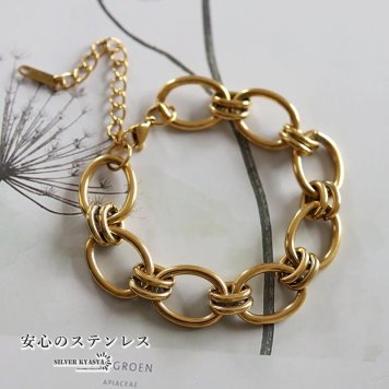 ステンレス 大ぶり オーバル チェーンブレスレット ゴールドブレスレット メタル 18KGP 楕円 存在感 透かし 軽やか 華やか 可愛い レディース 女性 金属アレルギー対応