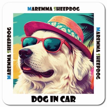名入れ可 海 麦わら帽子 サングラス 夏 Maremma Sheepdog マレンマシープドッグ カーサイン 車 マグネットステッカー 犬 マグネット 強力 13x13cm 正方形ドラレコステッカー 安全対策 危険運転 煽り運転 アニマル 動物 犬種別 屋外 防水 屋内