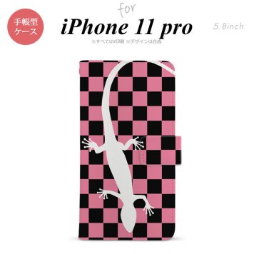 iPhone11Pro iPhone11 Pro 手帳型スマホケース カバー トカゲ 市松 ピンク  nk-004s-i11p-dr863