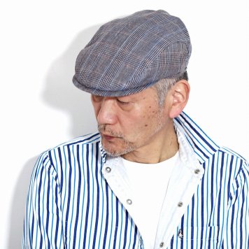 メンズ ハンチング ブランド WIGENS ヨーロッパ チェック柄 麻 綿 BOTTOLI 生地 ウィゲン グレンチェック リネン コットン 58cm 60cm 62cm 64cm スチールブルー 男性 ギフト お父さん 誕生日 プレゼント 父の日