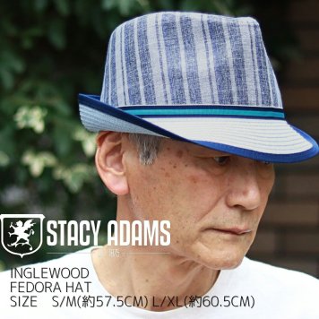 ストローハット ハット ストライプ 春 夏 メンズ STACY ADAMS フェドラハット INGLEWOOD 中折れハット ストライプ柄 中折れ 紳士 帽子 大きいサイズ S M L XL ポリエステル ステイシー アダムス インポート ブランド ブルー 青 父の日