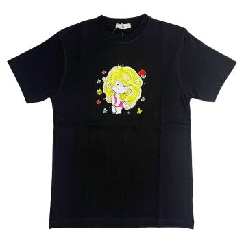 水森亜土 少女柄 コットン半袖Tシャツ(L) ブラック アパレル