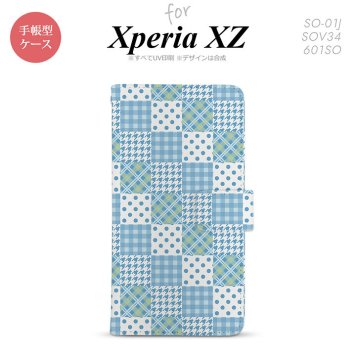 【手帳型 スマホ カバー ケース】【SO01J】【エクスペリア XZ 】手帳型 ケース SO-01J スマホ カバー XPERIA XZ エクスペリア パッチワーク風 水色 nk-004s-so01j-dr1064【メール便送料無料】