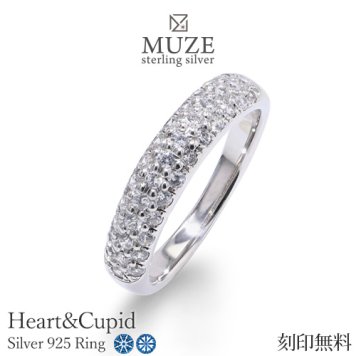 【職人の魂】MUZE JEWELRY  リング SV925 3連ハーフエタニティ プラチナ仕上げ オーダーメイド シンプルリング ハートキューピッド Heart&Cupid キュービックジルコニア シルバーリング ワンポイント 誕生日 プレゼント 彼女 妻 記念 刻印 名入れ