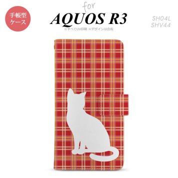 SH-04L/SHV44 AQUOS R3 手帳型スマホケース カバー 猫 チェック 赤  nk-004s-r3-dr952