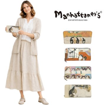 Manhattaner's マンハッタナーズ トップパース 長札入れ ラウンドファスナータイプ 75-1517 猫 猫柄 久下貴史 くげ たかし 絵 ごきげん ブルックリン・ハイツからの眺め よい眠り シリーズ 牛革 プレゼント 母の日 敬老の日 猫好き