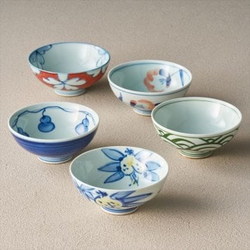 波佐見焼 染錦春秋絵変わり 新茶漬5客揃（手描） 007-306M  内祝 内祝い お祝 御祝 記念品 出産内祝い プレゼント 快気祝い 粗供養 引出物
