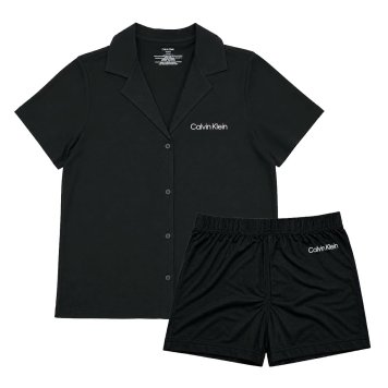 カルバンクライン Calvin Klein(CK) シャツ ボタン ショートパンツ セット 半袖 ロゴ パジャマ スリープウェア ルームウェア 襟付き QP2839O 001 レディース ブラック