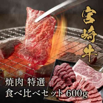 宮崎牛 焼肉 特選 食べ比べセット 600g 牛肉 ギフト お中元 お歳暮 父の日 母の日 敬老の日 お取り寄せ 高級 黒毛和牛 プレゼント 贈り物 御祝 内祝 焼き肉 和牛 肉