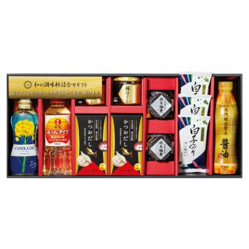 実りの秋の贈り物 和の調味料詰合せ 白子だし塩のり（8切5枚） ×3、のり佃煮（80g）･鮭ほぐし（50g）･かつおだし（4g×8袋）×各2、伊賀越 天然醸造醤油（450ml）･昭和 キャノーラ油（300g）･日の出 割烹みりんタイプ（400ml）×各1