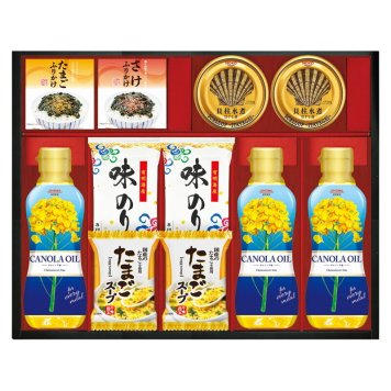 実りの秋の贈り物 SHOWAキャノーラ油&のり･たまごスープ詰合せ キャノーラ油 （300g）×3、有明海産味付のり（8切5枚）･たまごスープ（6.4g）･宝幸貝柱水煮ほぐし身（65g（固形量35g））×各2、たまごふりかけ･さけふりかけ（各2.5g×各3）×各1