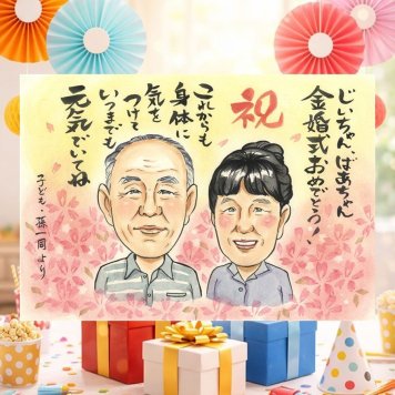 結婚記念日のプレゼントに、名前、日付、メッセージも記載可能。 贈り物 金婚式 似顔絵 名入れ プレゼント 手描き ギフト 結婚記念日 誕生日 長寿 お祝い 家族 ご両親 ご夫婦 祖父 下書き確認 修正無料 名入れ 親孝行 実績多数 そっくり 喜ばれる 長寿 宝物 一生もの 結婚50周年 感謝 ブライダルギフト 闘病中の方への励まし オリジナル おすすめ 百寿祝い 節目 長寿祝い 引っ越し 傘寿祝い