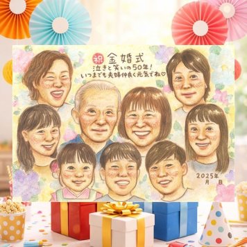 結婚記念日の記念に、笑顔あふれる手描き似顔絵を贈りませんか。 プレゼント 金婚式 似顔絵 ギフト 名入れ 贈り物 手描き 結婚記念日 お祝い 長寿 誕生日 大人数 ご夫婦 祖父 ご両親 家族 下書き確認 修正無料 名入れ 喜ばれる そっくり 宝物 サプライズ 結婚50周年 長寿 一生もの 感謝 宝物 二次会 お祝いの品 ブライダルギフト 米寿祝い 贈答品 白寿祝い ホワイトデー おしゃれ