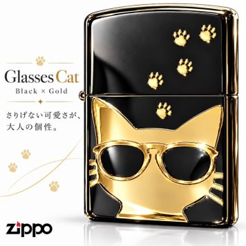 ZIPPO 猫 ライター サングラス 可愛い ジッポ ネコ ユニーク 足跡 ブラックニッケル キャット メタル貼り かわいい ねこ 金差し ゴールド レディース ギフト メンズ 女性 プレゼント