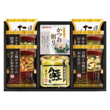 夏の贈り物お中元 海味彩 フリーズドライ&鮭ほぐし バラエティセット たまごスープ（6.4g）×2、とうふと油揚げのおみそ汁･2種のきのこの赤だしおみそ汁･あおさとわかめのおみそ汁･オクラ入ねばねば野菜スープ･マルトモかつおパック（0.7g×3）･鮭ほぐし（50g）×各1