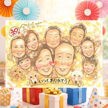 金婚式のプレゼントに、記念日に残したい笑顔をやさしいタッチで描きます。大切なお祝いにも安心してご注文いただけます。 似顔絵 贈り物 金婚式 手描き 名入れ ギフト プレゼント 金婚式 銀婚式 結婚記念日 大人数 祖母 おじいちゃん 家族 夫婦 おばあちゃん 名入れ 修正無料 下書き確認 実績多数 喜ばれる 似てる 宝物 結婚記念日 長寿 感謝 50周年 親孝行 初任給 贈答品 色紙 メモリアル