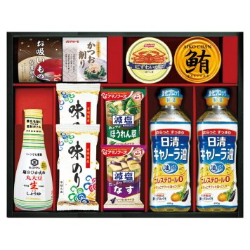 実りの秋の贈り物 日清キャノーラ油&アマノフーズバラエティセット 日清キャノーラ油400g･有明海産味のり（8切5枚）×各2、アマノフーズ減塩いつものおみそ汁なす9.0g･アマノフーズ減塩いつものおみそ汁ほうれん草6.8g･マルトモかつおパック（0.7g×3）･永谷園お吸