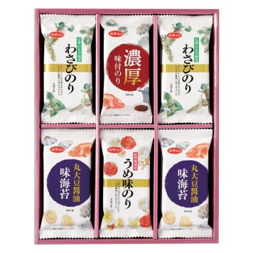 実りの秋の贈り物 味のりバラエティ詰合せ 白子のり セット内容/信州わさび使用わさびのり･丸大豆醤油味のり（各8切5枚）×各4、濃厚味付のり･紀州梅使用うめ味のり（各8切5枚）×各2
