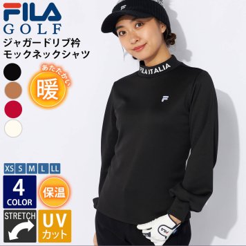 FILAGOLF フィラゴルフ ゴルフウェア モックネックシャツ 長袖 レディース  ハイネック ブランド 秋 冬 ストレッチ UVカット 保温 防寒 ジャガードリブ衿 スポーツ 黒 白 ロゴ XS S M L LL 2024fw outfit