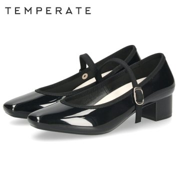 TEMPERATE テンパレイト CANNON キャノン レインシューズ レディース 完全防水 ストラップ付きヒールパンプス スクエアトゥ 3.5cmヒール 歩きやすい 滑りにくい 光沢感