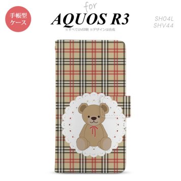 SH-04L/SHV44 AQUOS R3 手帳型スマホケース カバー くま チェック レース 茶 赤  nk-004s-r3-dr754