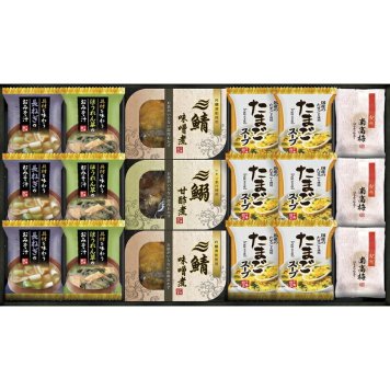 夏の贈り物お中元三陸産煮魚＆フリーズドライ・梅干しセット たまごスープ（6.4g）×6、具材を味わうおみそ汁（長ねぎ・ほうれん草）・紀州南高梅×各3、三陸産鯖の味噌煮（100g）×2、三陸産鰯の甘酢煮（100g）×1