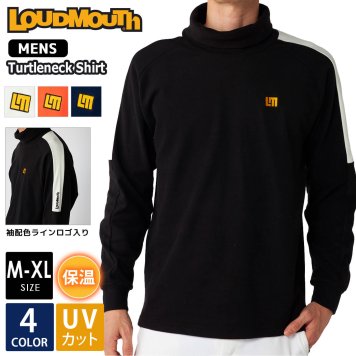 ラウドマウス ゴルフウェア メンズ タートルネックシャツ ブランド 秋 冬 ロゴ 両面起毛 スムース UVカット ハイネック トップス 保温 防寒 紫外線対策 大きいサイズ カジュアル 黒 白 紺 Loudmouth 2024FW outfit