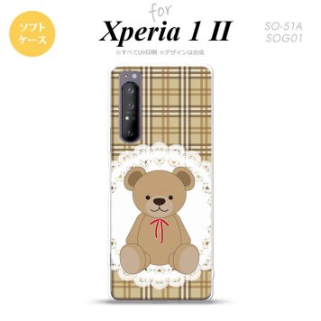 Xperia 1 II 5G スマホケース 背面カバー ストラップホール有り ソフトケース くま チェック レース 茶 ストラップホール おしゃれ かわいい かっこいい メンズ レディース nk-xp12-tp753