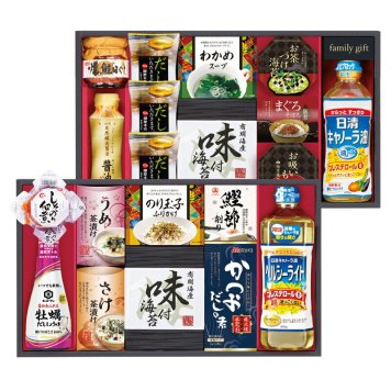 実りの秋の贈り物 日清オイリオ食卓詰合せ たまごスープ（5.4g）×3、有明海産味付け海苔（8切6枚×2袋）×2、ニッスイ焼鮭ほぐし50g･わかめスープ（5.3g×2袋）･永谷園お茶漬けのり（4.7g×2袋）･永谷園お吸いもの松茸風味（2.3g×2袋）･まぐろそぼろ佃煮（