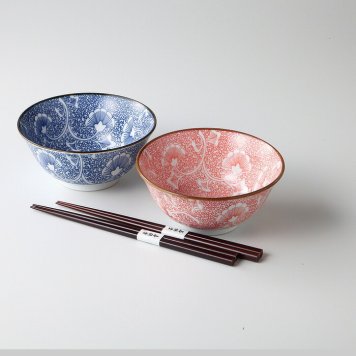 イチョウ 5.0多用丼ペアー（青・赤） 磁器 美濃焼 やきものの里から、暮らしを贈ります。　ギフト 食器 セット テーブルウェア