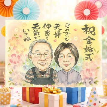 結婚記念日の記念に、似顔絵という特別な贈り物をお届け。 プレゼント 似顔絵 金婚式 ギフト 名入れ 手描き 贈り物 結婚記念日 お祝い 誕生日 長寿 ご両親 祖父 ご夫婦 家族 修正無料 名入れ 下書き確認 一生もの かわいい 親孝行 実績多数 一生もの 長寿 感謝 結婚50周年 宝物 ホワイトデー 古希祝い 引っ越し 感動 大人数 大量注文 オーダーメイド 結婚祝い 披露宴 メモリアルギフト