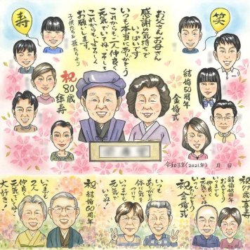 結婚記念日の記念に、似顔絵ギフトのサプライズを贈りませんか。 金婚式 プレゼント 似顔絵 手描き 名入れ ギフト 贈り物 結婚記念日 誕生日 長寿 お祝い 大人数 祖父 家族 ご夫婦 ご両親 下書き確認 名入れ 修正無料 かわいい 喜ばれる 一生もの 宝物 感謝 結婚50周年 長寿 一生もの 宝物 キレイ 快気祝い 喜寿祝い イラスト 二次会 ブライダルギフト オリジナル ホワイトデー 引っ越し