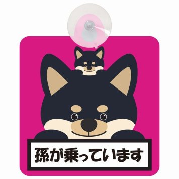 孫が乗っています 祖父母と孫 黒柴 ピンク セーフティサイン 吸盤タイプ 収れん火災防止タイプ 安全運転 車内用 煽り運転対策 安全対策 カーサイン イラスト かわいい
