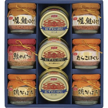 夏の贈り物お中元かに缶詰・瓶詰ギフトセット ニッスイ 紅ずわいがにほぐし身（55g）・焼鮭ほぐし・鶏そぼろ（各50g）×各2、紅ずわいがにほぐし脚肉飾り・たらこほぐし・鮭めんたい（各50g）×各1