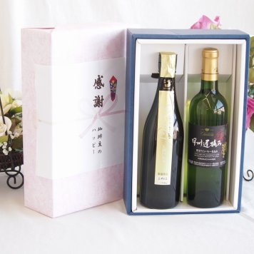 感謝の贈り物ボックス 贅沢な日本酒原酒しぼりたてと国産ワインセット(甲州遅摘み 白 完熟甘口ワイン 甘口(山梨県)720ml金鯱 しぼっとる純米吟醸原酒(愛知県)720ml
