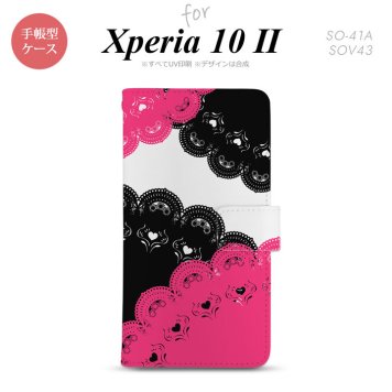 Xperia10 II 手帳型 スマホケース 全面印刷 おしゃれ ストラップホール有り レース 黒 ピンク nk-004s-xp102-dr728