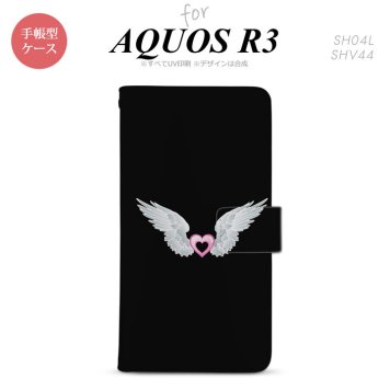 SH-04L/SHV44 AQUOS R3 手帳型スマホケース カバー 白翼 ハート 黒 ピンク  nk-004s-r3-dr473
