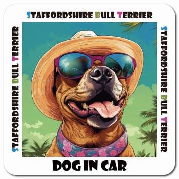 名入れ可 海 麦わら帽子 サングラス 夏 Staffordshire Bull Terrier スタッフォードシャーブルテリア カーサイン 車 マグネットステッカー 犬 マグネット 強力 13x13cm 正方形ドラレコステッカー 安全対策 危険運転 煽り運転 アニマル 動物 犬種別 屋外 防水 屋内