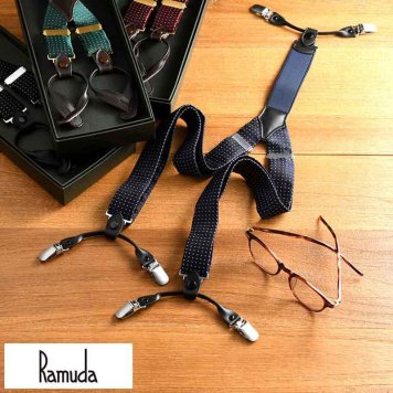 Ramuda Y型サスペンダー ドット柄30mm幅 ダブルクリップ ボタン両用 大人 男性ビジネス/おしゃれ/正装/クラシカル/