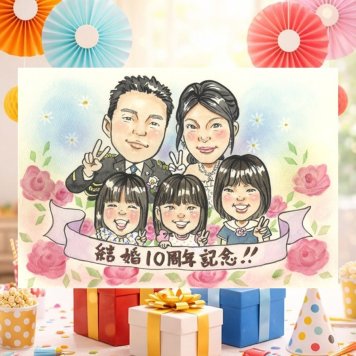 結婚10周年のプレゼントに、似顔絵の記念品を贈りませんか。 ギフト 似顔絵 結婚記念日 贈り物 プレゼント 手描き 名入れ 結婚10周年 周年記念 お祝い 記念 大人数 家族 ご両親 夫婦 下書き確認 修正無料 名入れ 一生もの 親孝行 かわいい 実績多数 10周年 宝物 感謝 記念日 一生もの クリスマス 快気祝い カラフル 卒寿祝い 傘寿祝い 引っ越し オリジナル キレイ 感激 サプライズ
