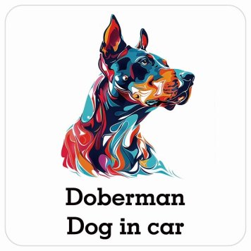 Dog in car Doberman ドーベルマン Dタイプ サインステッカー シール 正方形 13x13cm 防水 屋内 屋外 セーフティサイン 安全対策 車用 安全運転 煽り運転対策 安全対策 カラフル ポップアート風 アニメ風 かわいい イラスト カーサイン