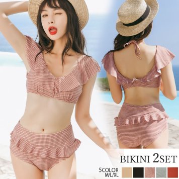  水着 レディース 2点セット フリル ビキニ セパレートビキニ ハイウエスト パンツ 体形カバー セクシー ピーチ 大人 海 2点set 20代 30代 swim8252