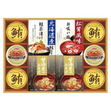 夏の贈り物お中元 山海の幸詰合せ 鮪油漬フレーク（70g）×4、甘海老みそ汁（7.5g×3袋）･紅ずわいがにほぐし身（55g）×各2、北海道産鮭茶漬け（4g×3袋）･永谷園松茸風味お吸い物（2.3g×4袋）×各1