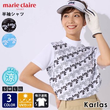 marie claire GOLF マリクレール シャツ レディース 半袖 ゴルフウェア ブランド ロゴ 春 夏 総柄 透け防止 伸縮素材 吸汗速乾 UVカット 接触冷感 敬老の日 プレゼント ギフト